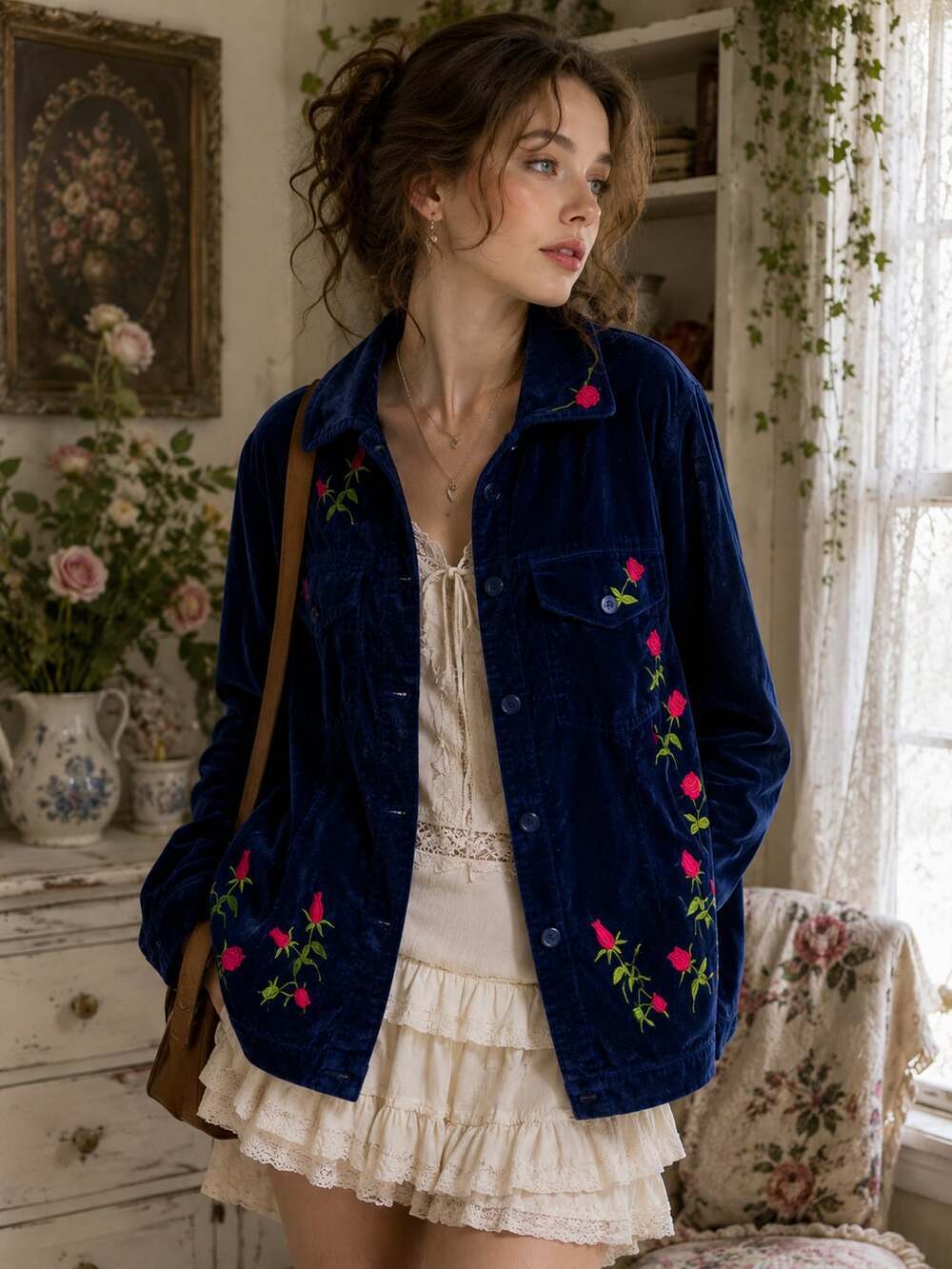 The Quacker Factory Velvet Rose Embroidered Jacket Blue Cottagecore M